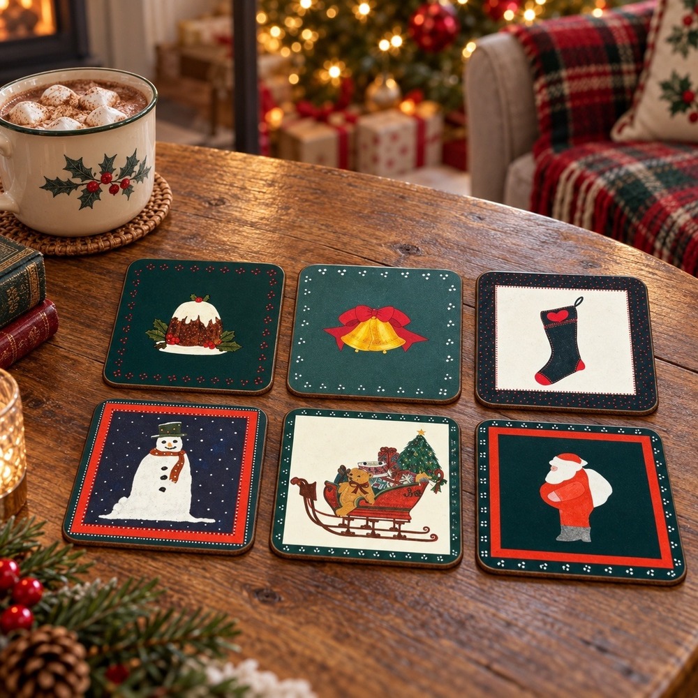 Pimpernel Christmas Coasters Set of 6 Cork Backed Santa Snowman Green Boxed 9438